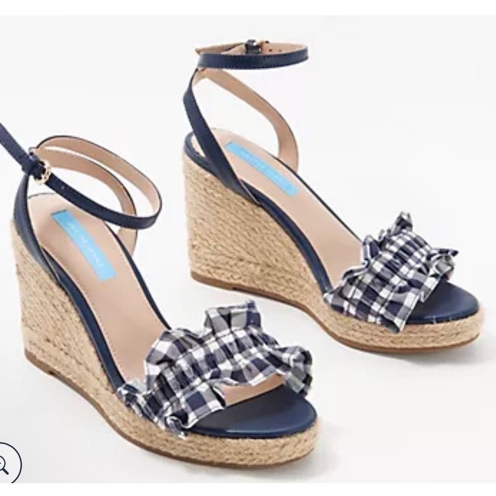 Draper James Abigail Navy Gingham Ruffle Espadrille Wedge Sandals Womens 8.5 NEW